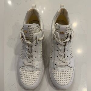 Michael Kors White Woven Leather High-Top Sneakers with Gold Accents